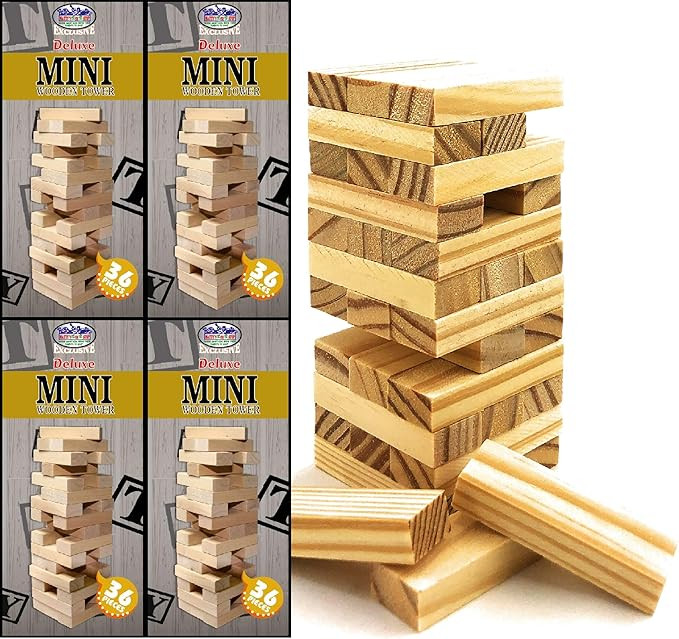 Matty's Toy Stop Mini Wooden Tower 36 Piece Stacking Game (4.25") Gift Set Party Favor Bundle - 4... | Amazon (US)