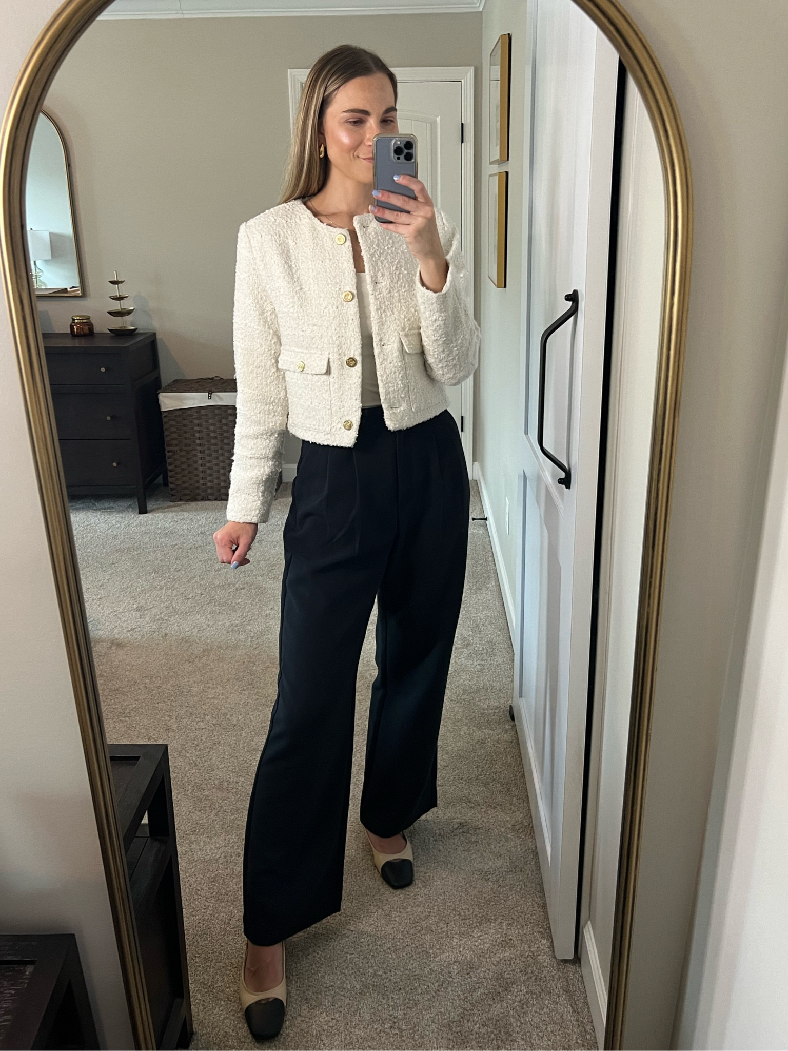 Office Outfit / Workwear 
Tweed blazer - wearing size small - tts. 
Trousers - wearing 27 curve love - tts. 
Slingbacks - tts. 

#LTKWorkwear #LTKStyleTip #LTKFindsUnder100