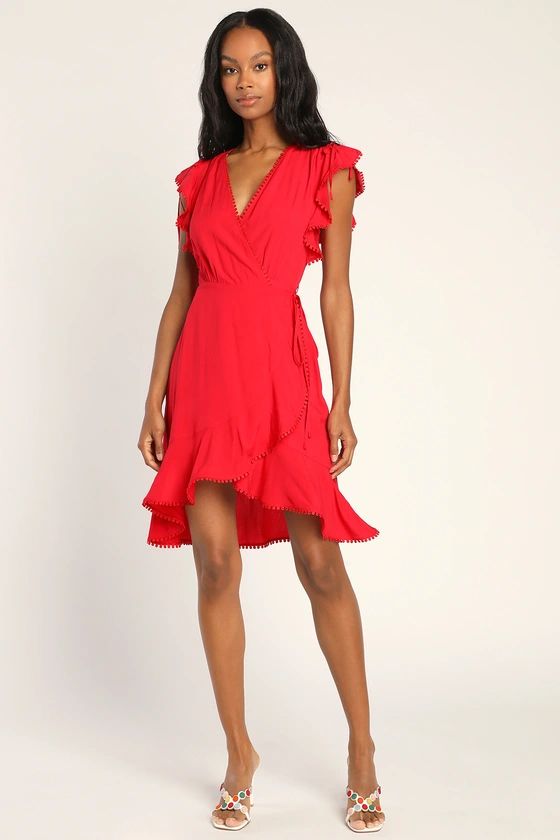 Everyday Stunner Red Flutter Sleeve Surplice Wrap Mini Dress | Lulus (US)