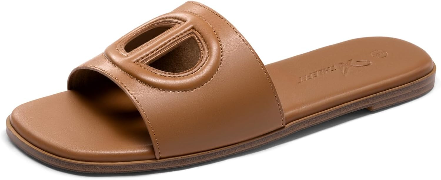 Athlefit Women's Flat Sandals Square Open Toe Comfortable Slip On Summer Beach Tan Slide Sandals Size 7.5 | Amazon (US)