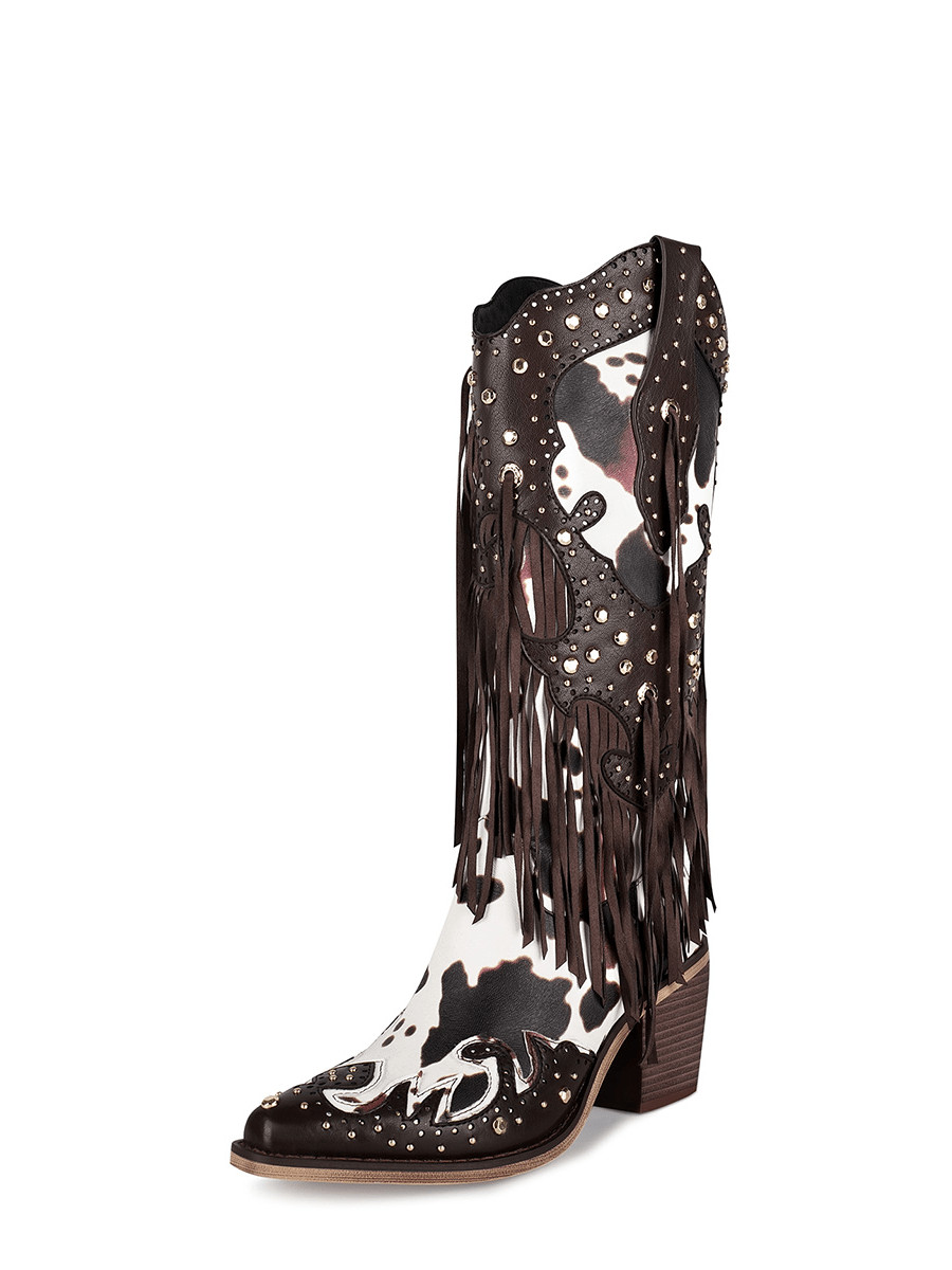 WETKISS Cowboy Boots For Women Animal Print Fringe Knee High Cowgirl Boots Western Boots With Poi... | SHEIN
