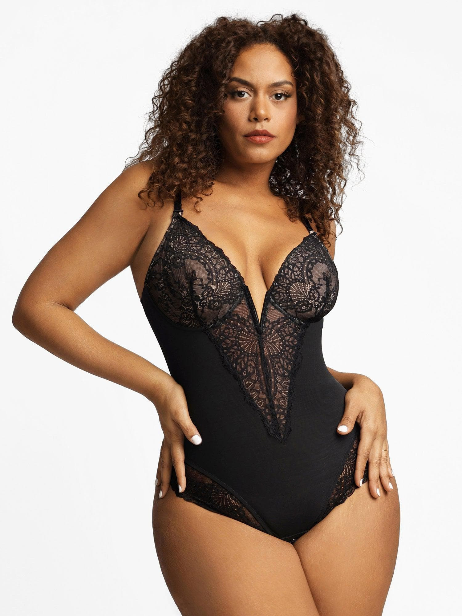 Shapewear Lace Deep-V Neck Bodysuits or Faux Leather Skirts | Popilush