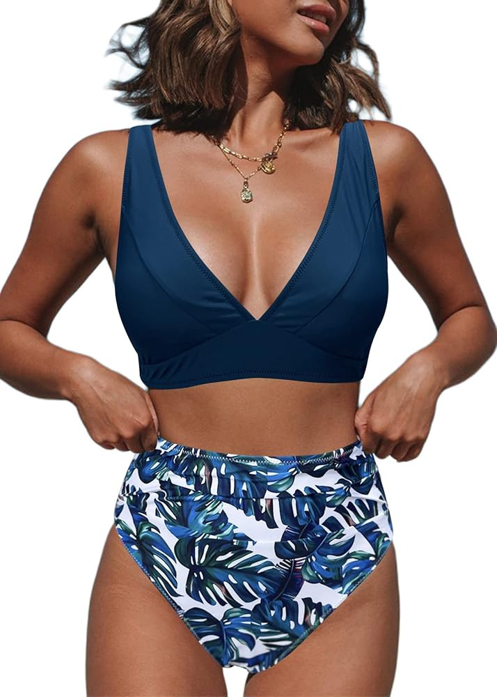 Hilinker Women's Leopard Bikini Swimsuits V Neck High Waisted 2 Piece Bathing Suits | Amazon (US)