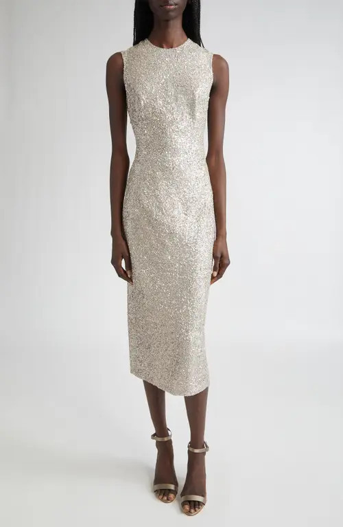 Michael Kors Collection Hand Embroidered Sequin Midi Dress in Oyster at Nordstrom, Size 2 | Nordstrom