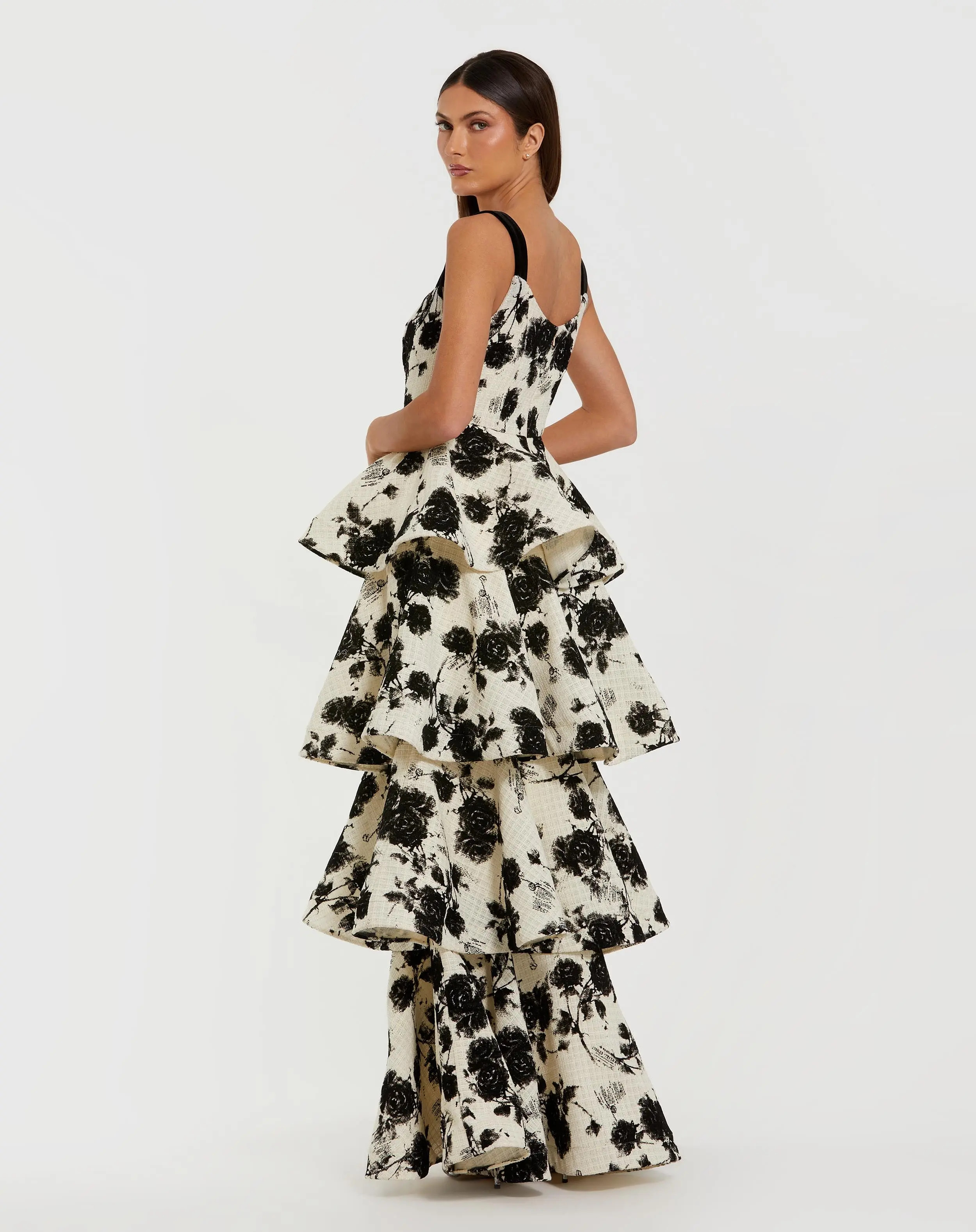 Black and White Floral Boucle Tiered Ruffle Gown | Mac Duggal | Mac Duggal