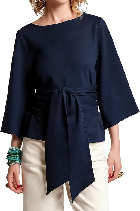 Women's Waist Belted Blouse Crew Neck 3/4 Trumpet Sleeve Casual Tunic Loose Fit Tops | Amazon (US)