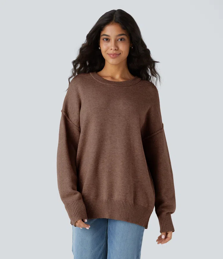 Women’s Round Neck Dropped Shoulder Long Sleeve Casual Sweater - Halara | HALARA