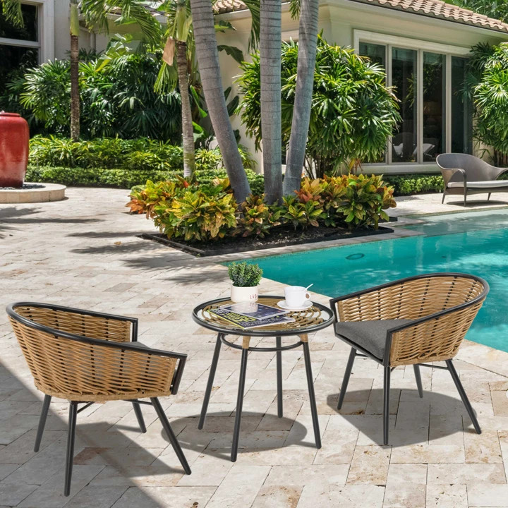 Outsunny 3 Piece Patio Set, Outdoor Bistro Furniture, PE Rattan Wicker Table and Chairs, Cushione... | SHEIN