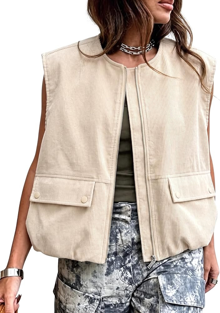 Gozoloma Women's Corduroy Zip Up Vest Cropped Ruched Hem Sleeveless Jacket | Amazon (US)