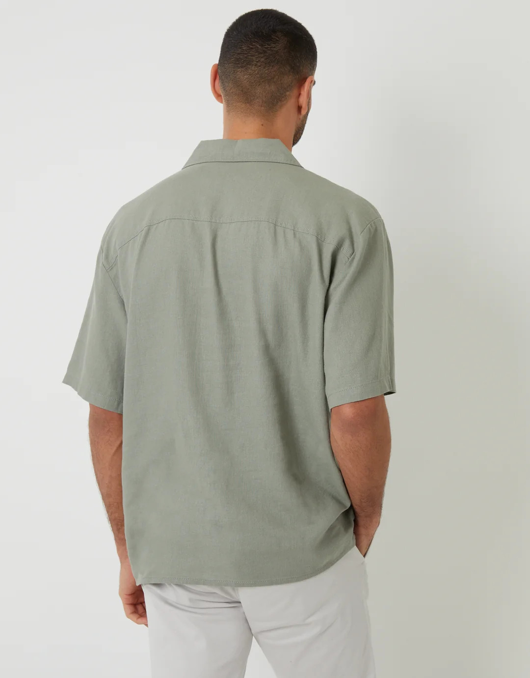 Relaxed Fit Linen Blend Revere Collar Short Sleeve Shirt in Sage Green | Threadbare UK