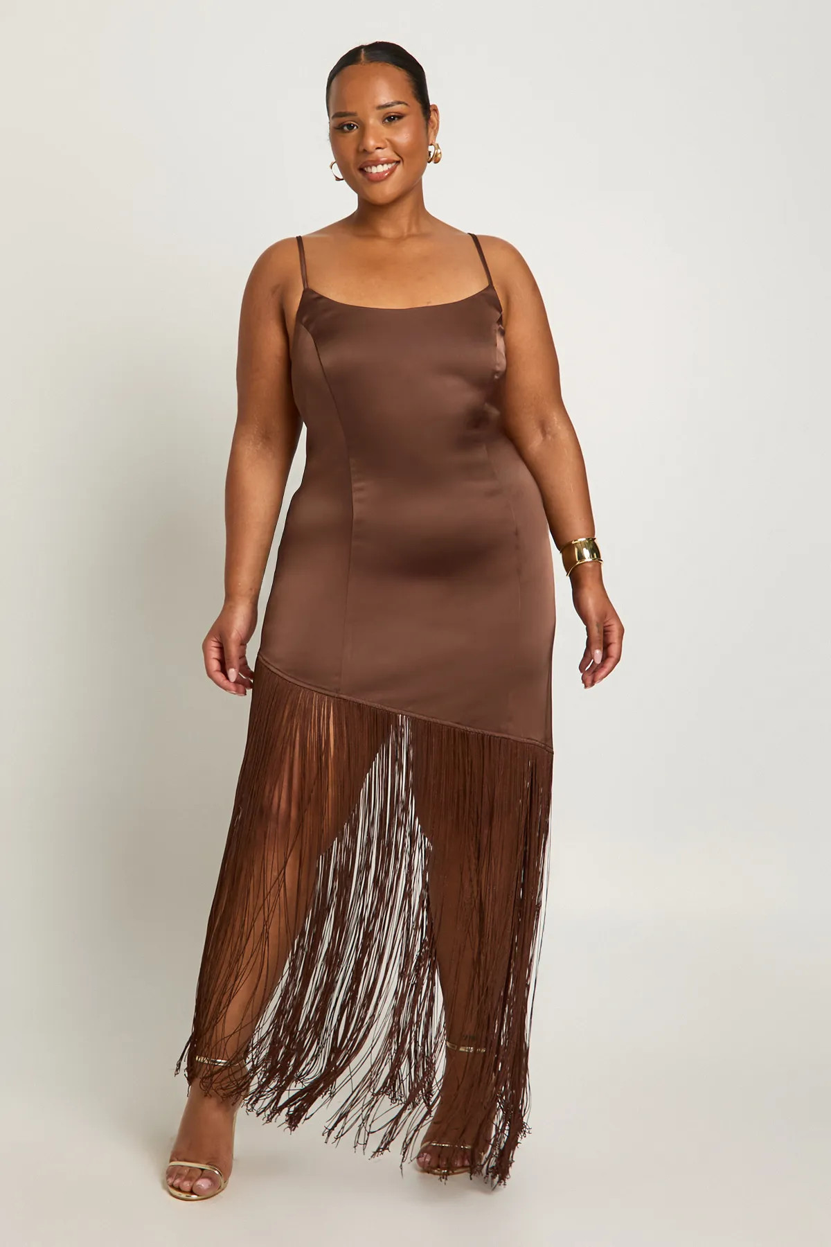 Chocolate boohoo Plus Satin Tassel Midaxi Dress | PrettyLittleThing USA | PrettyLittleThing US