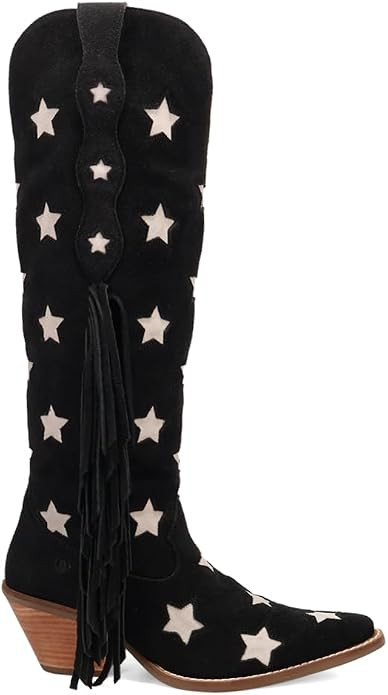 Dingo Womens Super Star Fringe Tooled Inlay Snip Toe Casual Boots Over the Knee Mid Heel 2-3" | Amazon (US)