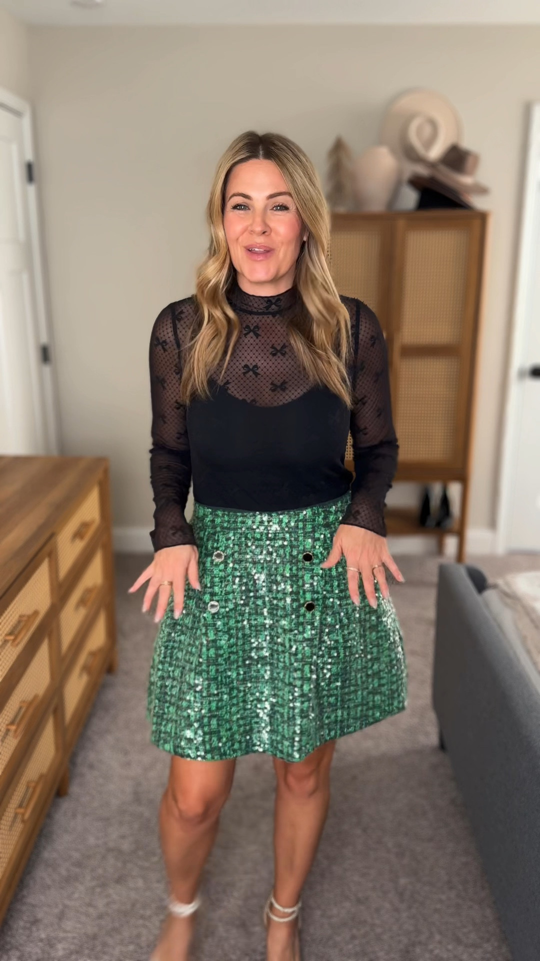 The tweed sequin skirt that is timeless for the holidays and winter fashion. So pretty! I’m in a medium. It fits pretty true to size. I’m going to exchange for a small and yes I checked-it’s currently in stock in most sizes. 

#LTKHoliday #LTKOver40 #LTKParties