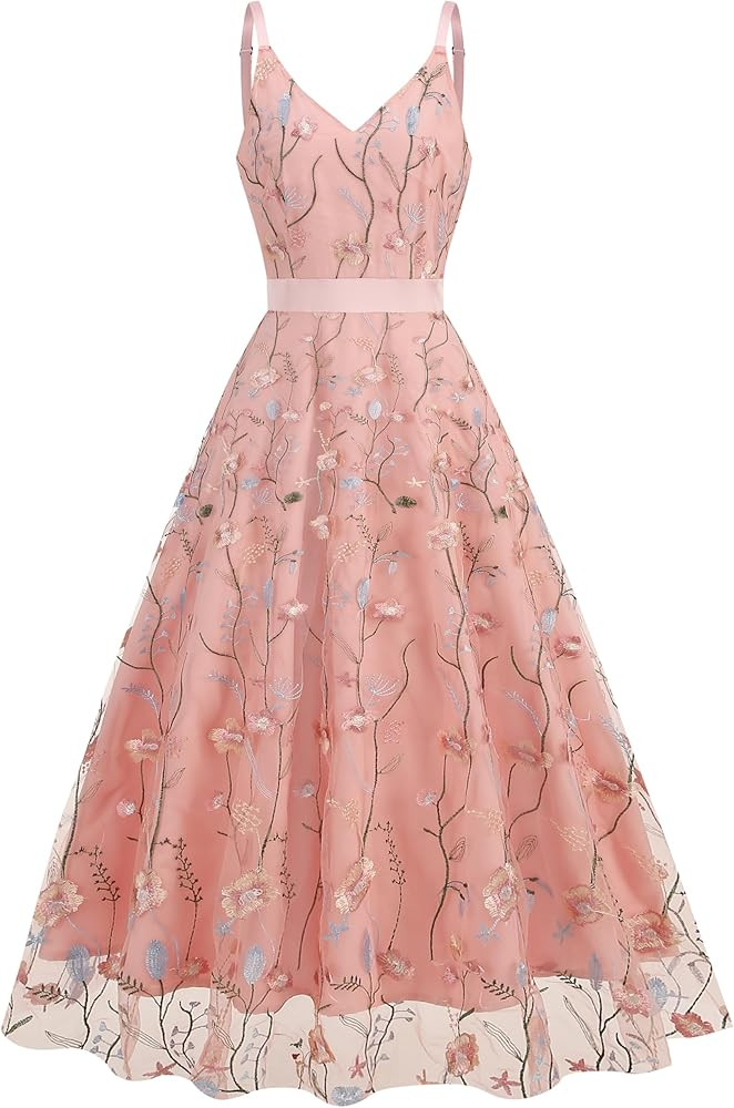 Long Floral Embroidery Dress for Women Flower Embroidered Maxi Dress Spaghetti Straps Formal Even... | Amazon (US)