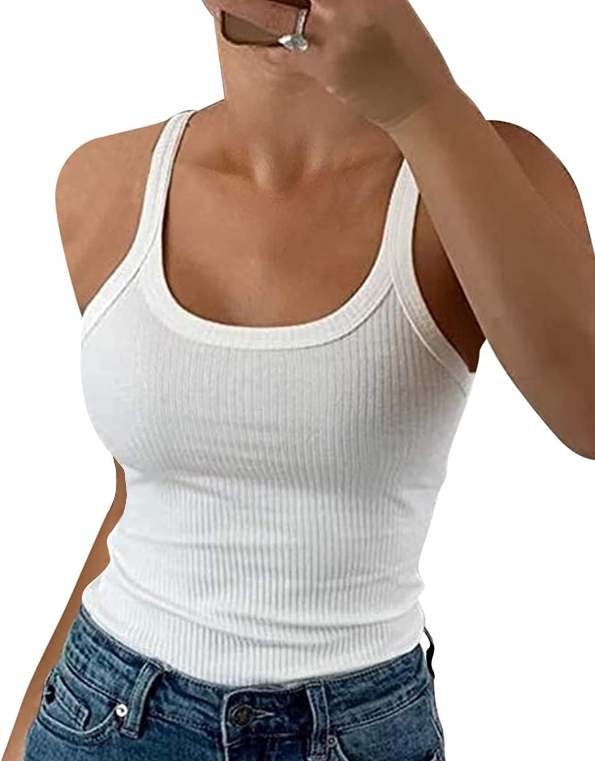 GEMBERA Women Spaghetti Strap Scoop Neck Ribbed Tank Tops Slim Fitted Cotton Camisole Basic Sleeveless Layering Shirts | Amazon (US)