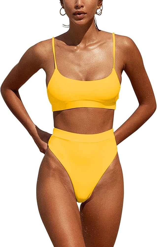 Women High Waisted Bikini Set Sport Bandeau Bathing Suits High Cut Two Piece Crop Top Swimsuit | Amazon (US)
