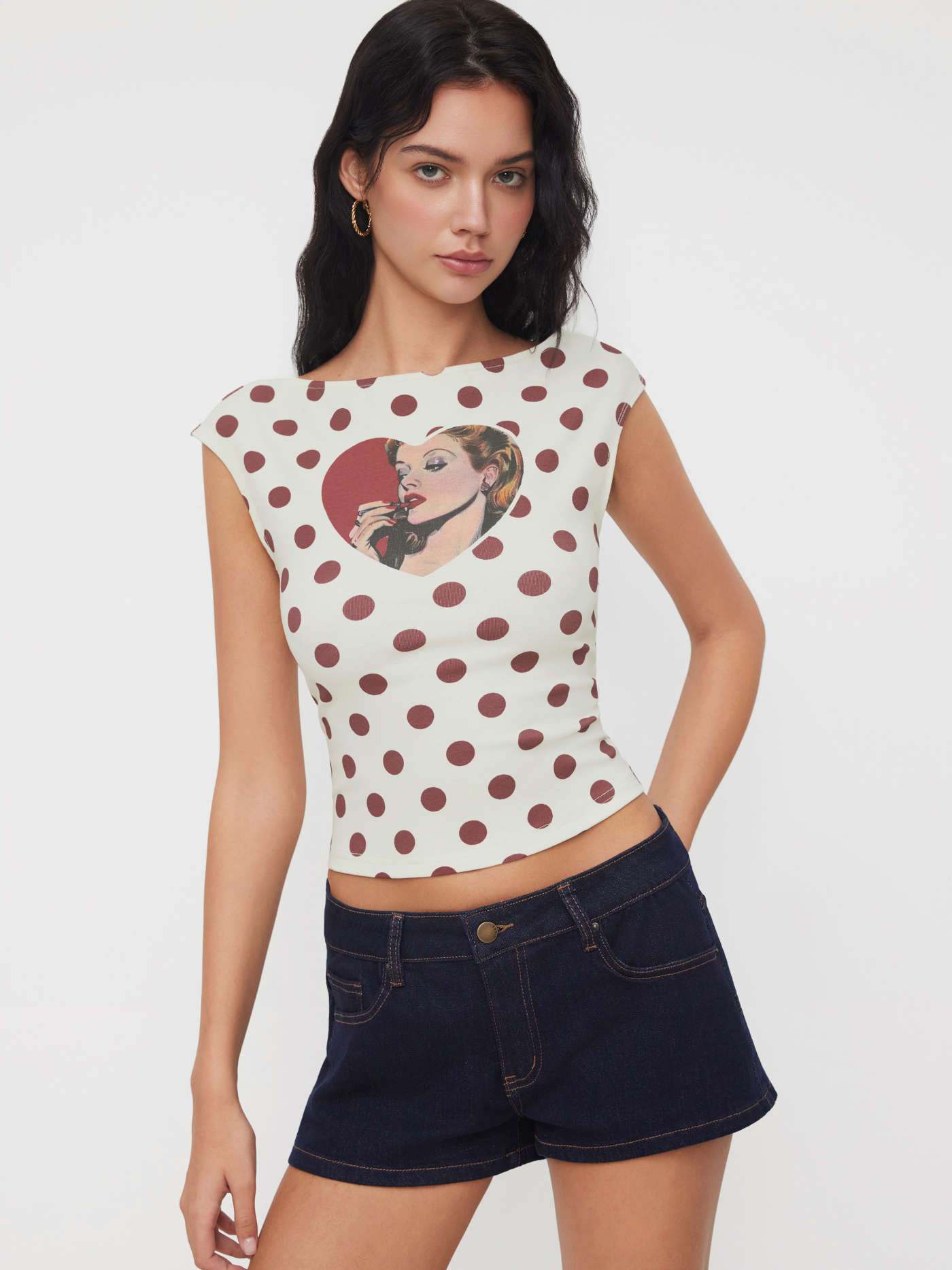 Knit Fabric Cotton-blend Boat Neck Polka Dot Heart Figure Graphic Backless Tee For Daily Casual | Cider