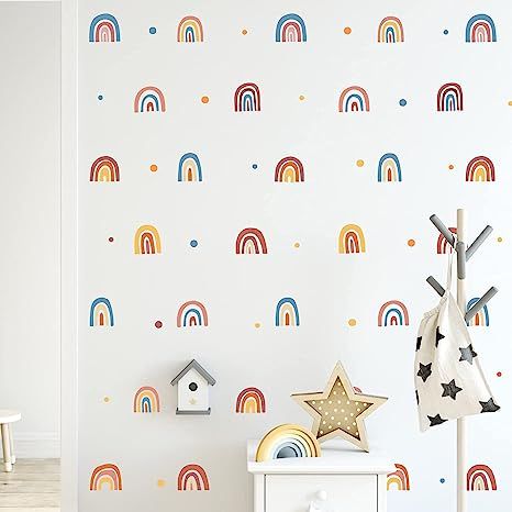 Yovkky Boho Rainbows Polka Dots Wall Decals, Peel Stick Retro Blue Brown Wall Stickers Nursery Cl... | Amazon (US)