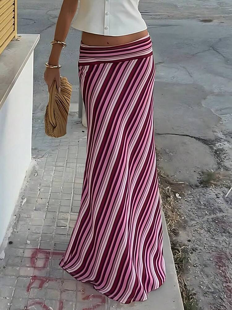 New Stylish Elegant Knitted Fabric Printed Striped Maxi Skirt, Suitable For Beach, Holiday, Daily Wear, Travel Pink Spring | SHEIN