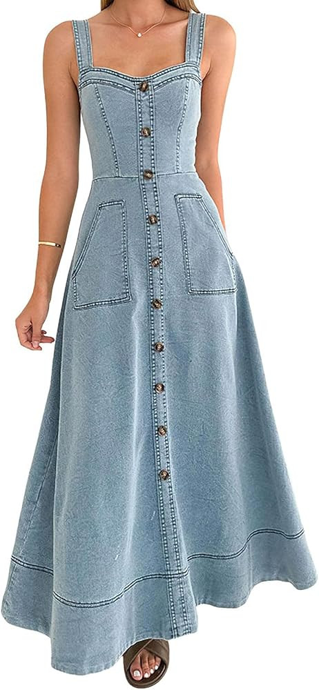 chouyatou Women's Adjustable Strap Midi Long Denim Dress 2025 Button Down A-Line Swing Flowy Jean... | Amazon (US)