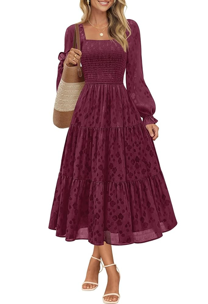 MEROKEETY Women's Fall Long Sleeve Floral Midi Dress Smocked Ruffle Tiered Square Neck Wedding Gu... | Amazon (US)