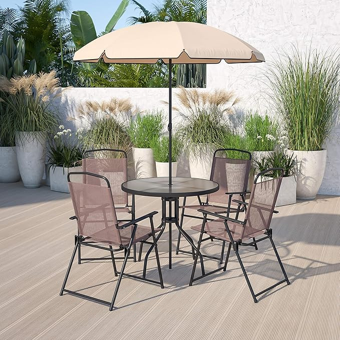 Flash Furniture Nantucket 6 Piece Brown Patio Garden Set with Umbrella Table and Set of 4 Folding... | Amazon (US)