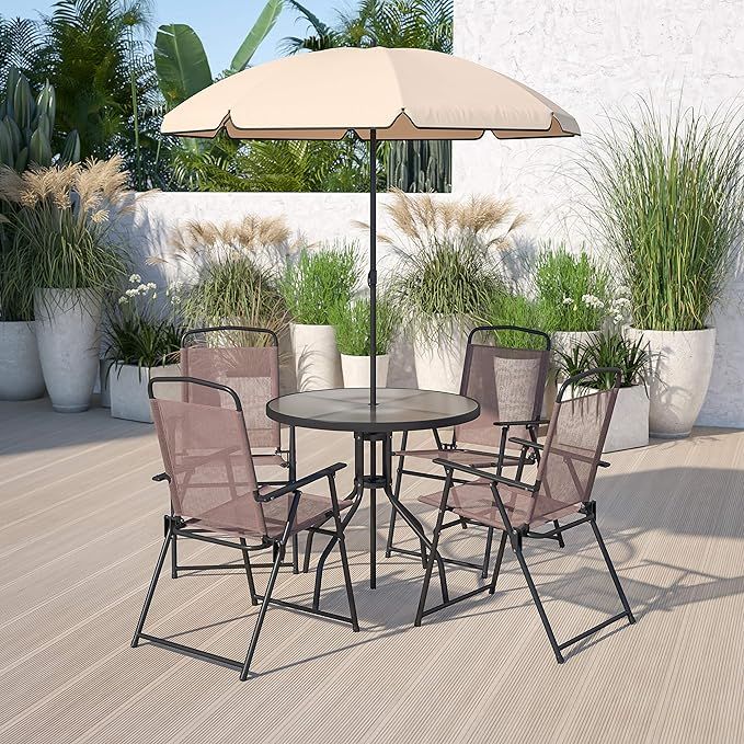 Flash Furniture Nantucket 6 Piece Brown Patio Garden Set with Umbrella Table and Set of 4 Folding... | Amazon (US)