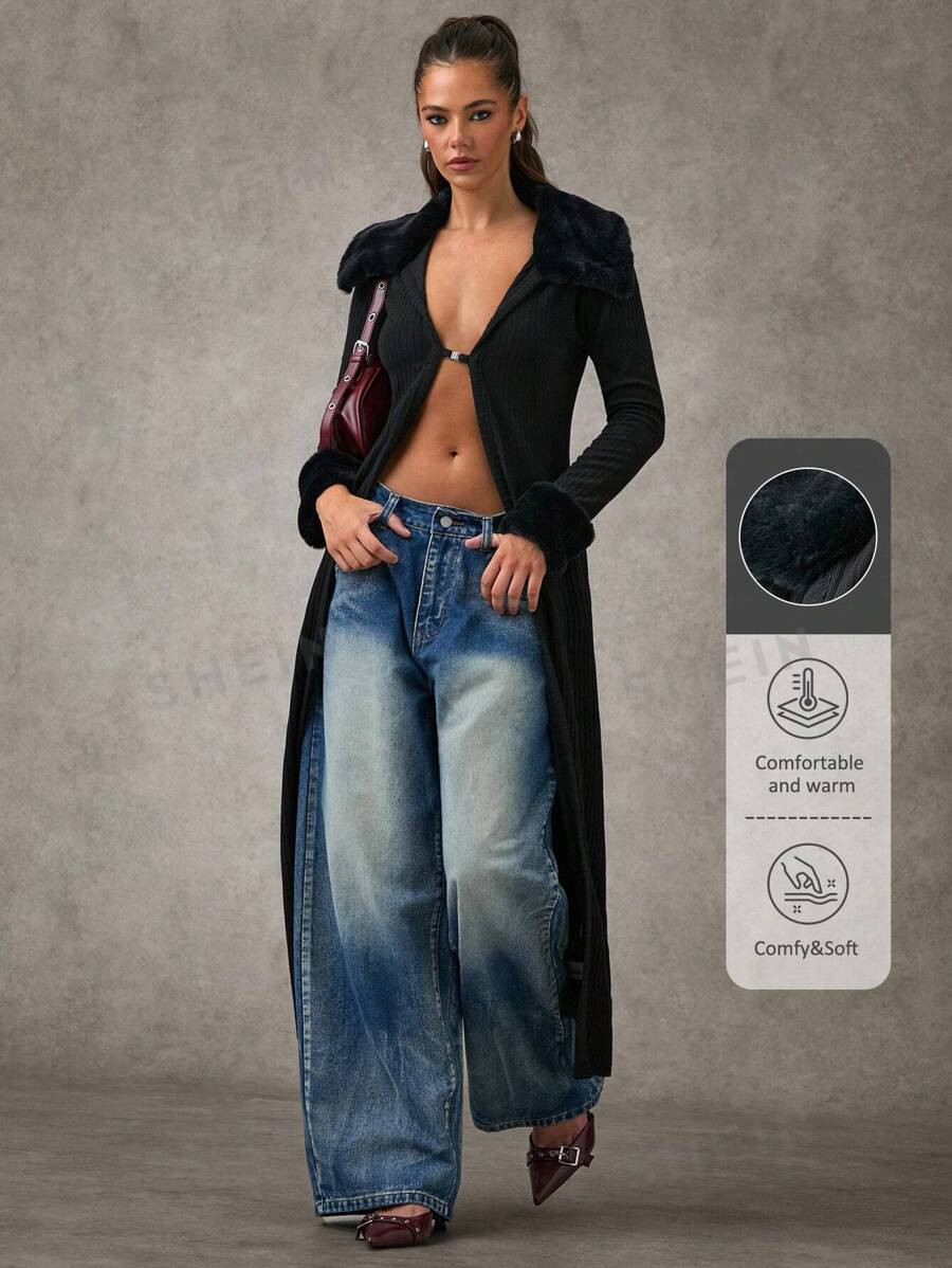 SHEIN BAE Women's Solid Color Fluffy Collar Patchwork Collar
 Long Sleeve Long Blazer Jacket, Aut... | SHEIN