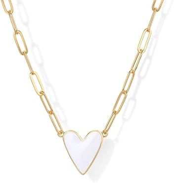 PAVOI 14K Gold Plated Heart Enamel Pendant Necklace for Women | Love Paperclip Chain Necklaces | ... | Amazon (US)