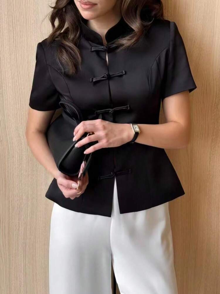 Women's Solid Color Woven Fabric Front Button Retro Chinese Collar Waist Cinched Short Sleeve Bla... | SHEIN