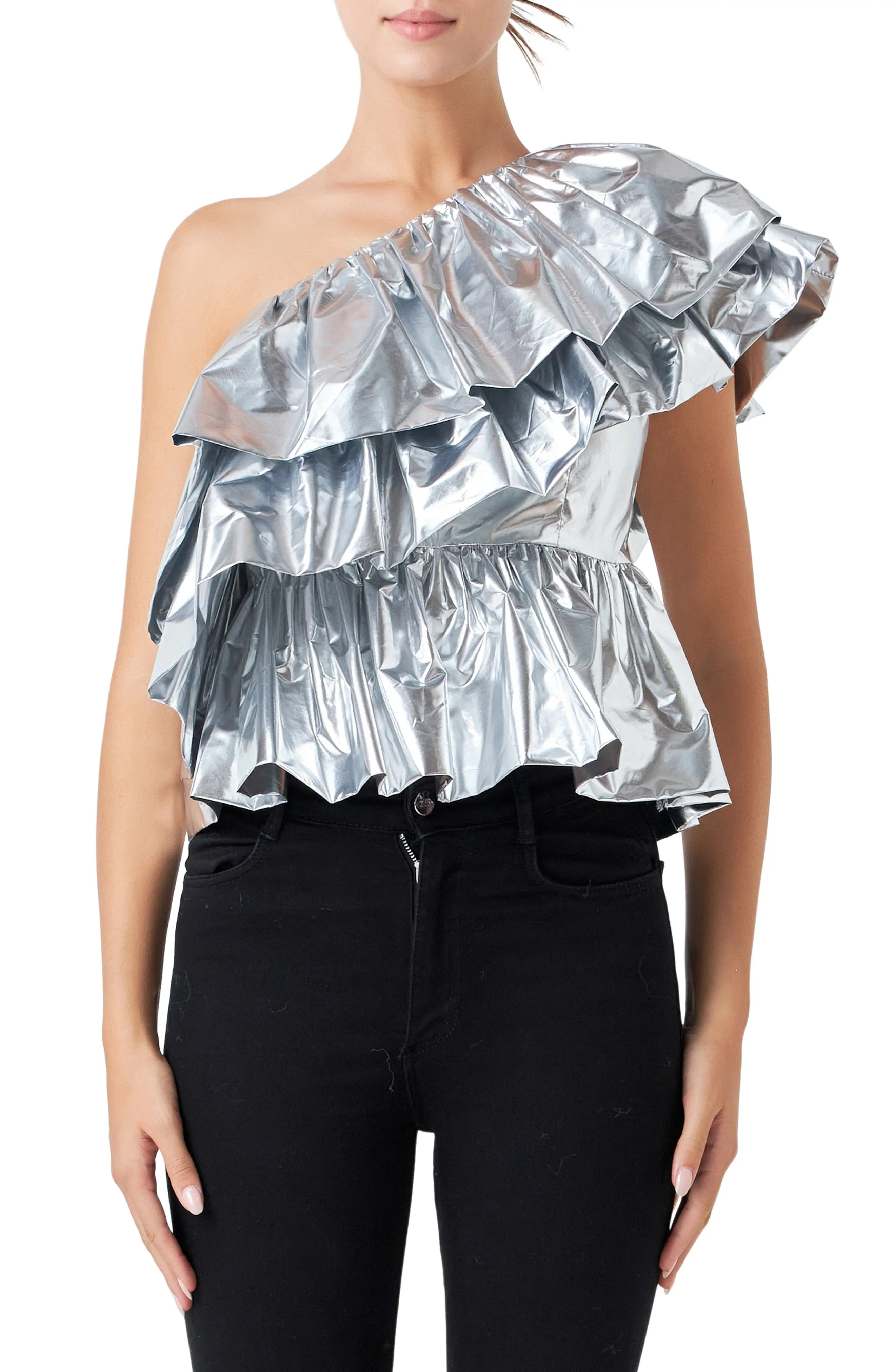 Endless Rose Metallic Tiered One-Shoulder Peplum Top in Silver at Nordstrom Rack, Size X-Small | Nordstrom Rack