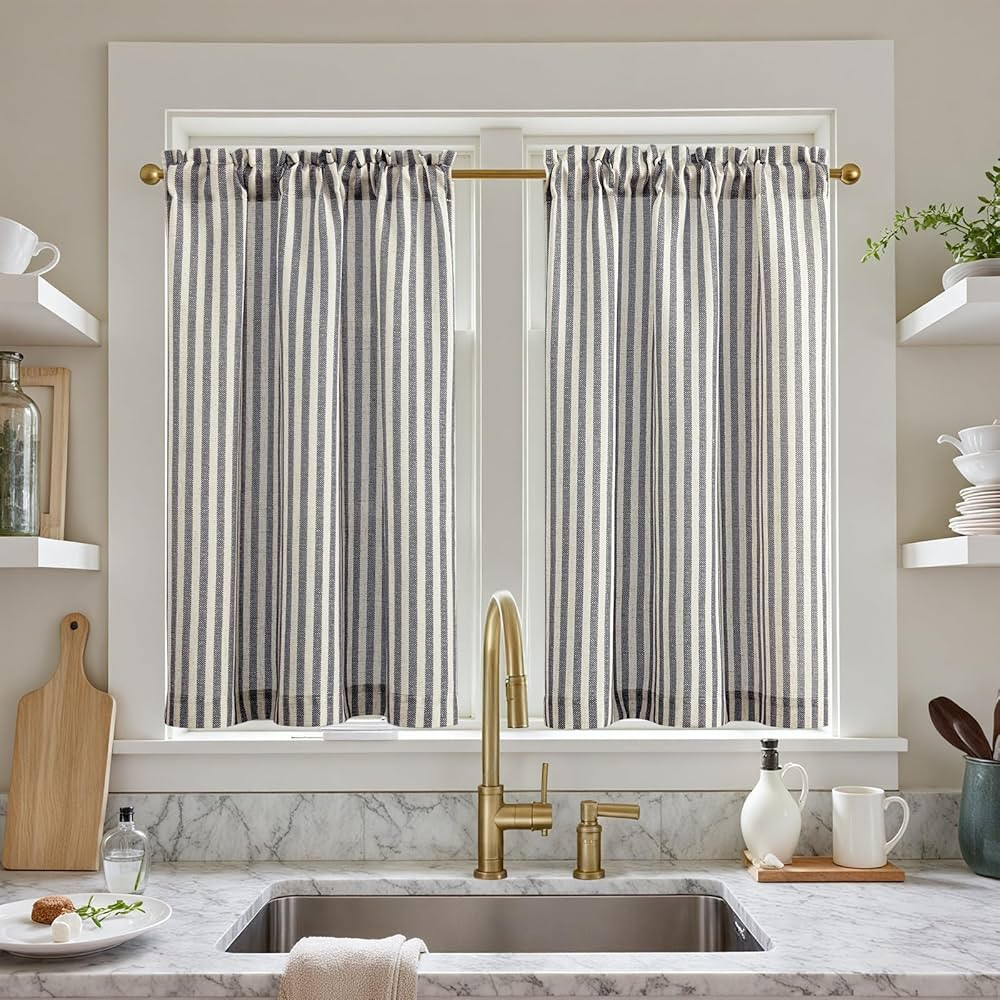 TOPICK 2er Set H 90 x B 65 (cm) Gestreifte Scheibengardinen modern Leinen Gardinen mit Streifen K... | Amazon (DE)