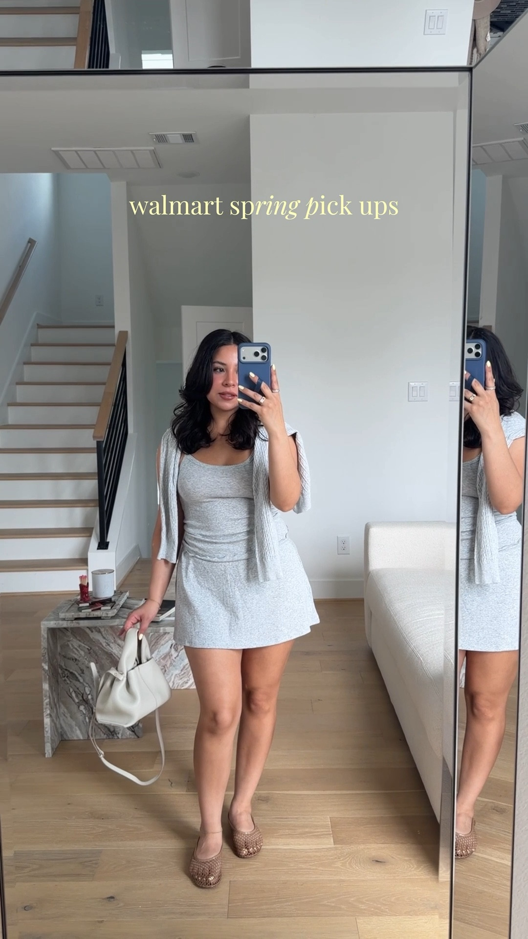 Grey tank: small
Grey skirt: medium 
Grey cardigan: xs 
Mesh ballet flats: 6.5 

Pink striped jacket: xs 
Pink striped pants: 0 
Clear heels: 6.5 

White jeans: xs 
Blue cami: small

#LTKgrwm #LTKSeasonal #LTKootd