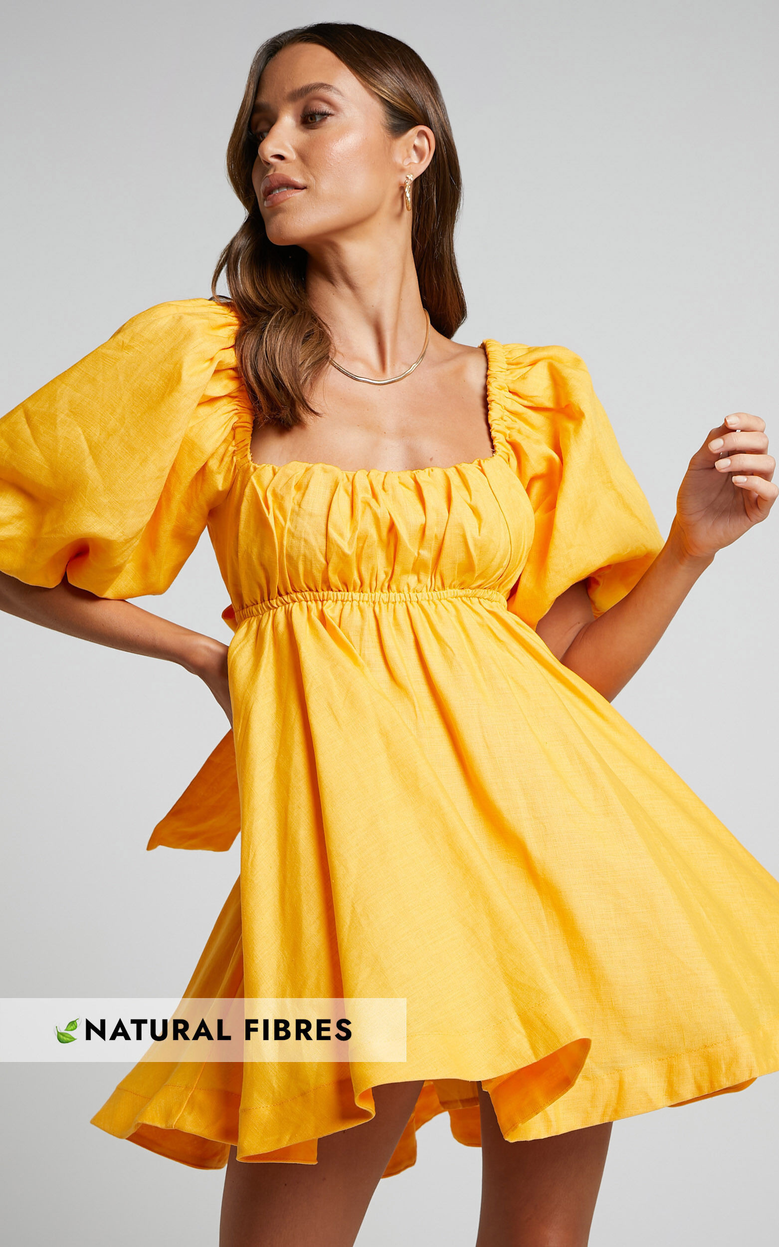 Amalie The Label - Hamyya Linen Tie Back Puff Sleeve Mini Dress in Mango | Showpo (US, UK & Europe)