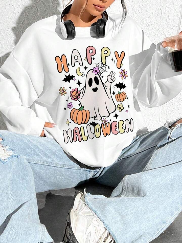 SHEIN EZwear Halloween Print Drop Shoulder Oversize Sweatshirt | SHEIN