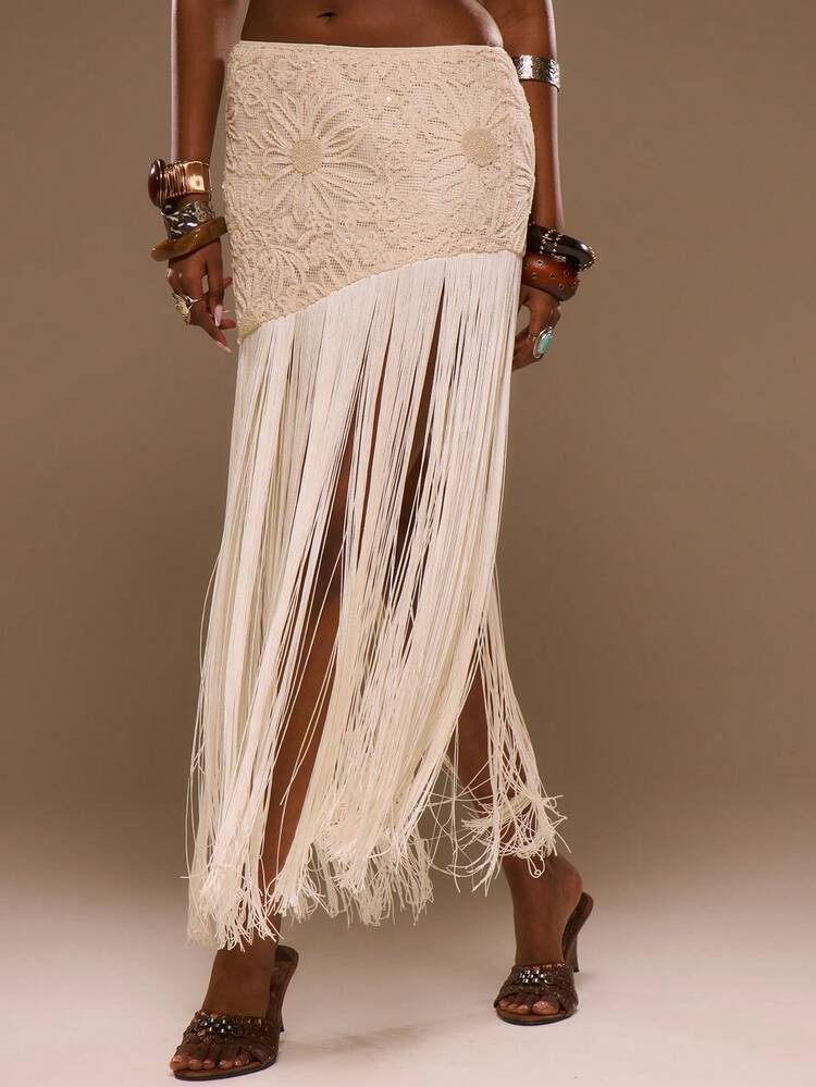 MUSERA Sun Patterned Lace Fringed Midi Skirt Spring Summer Vacation Beach Elegant Ibiza Festival ... | SHEIN