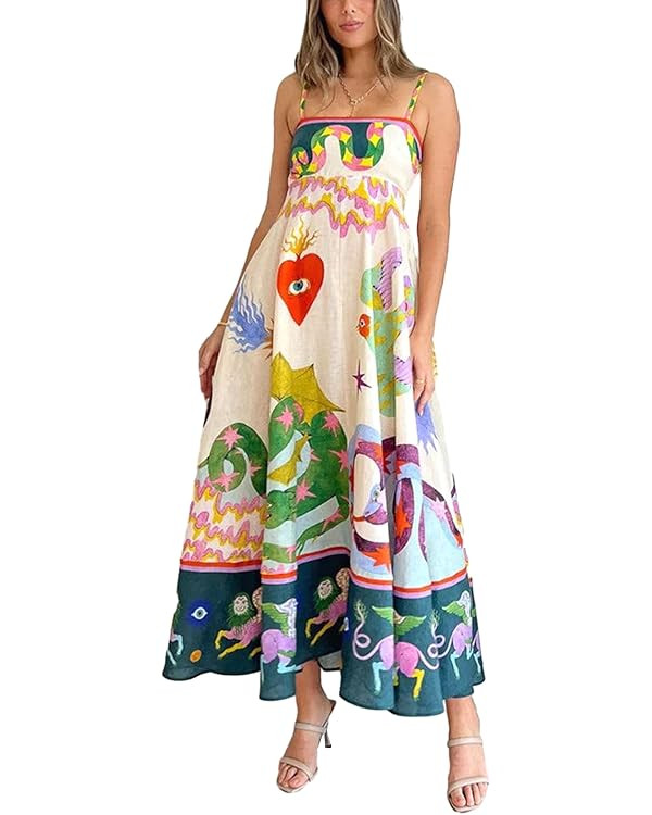 Yuemengxuan Boho Maxi Dresses for Women Spaghetti Strap Flowy Smocked Long Dress Casual Summer Va... | Amazon (US)