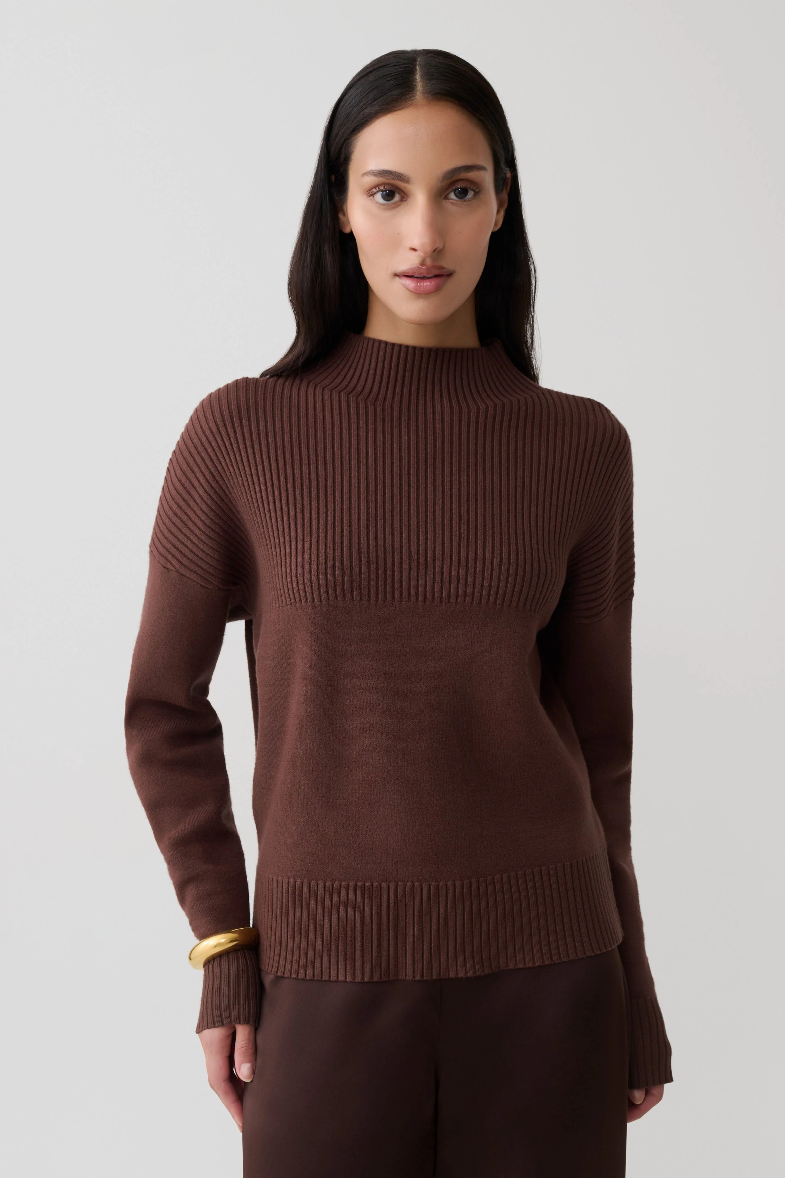 Stanley Ribbed High Neck Jumper - Chocolate | MESHKI US