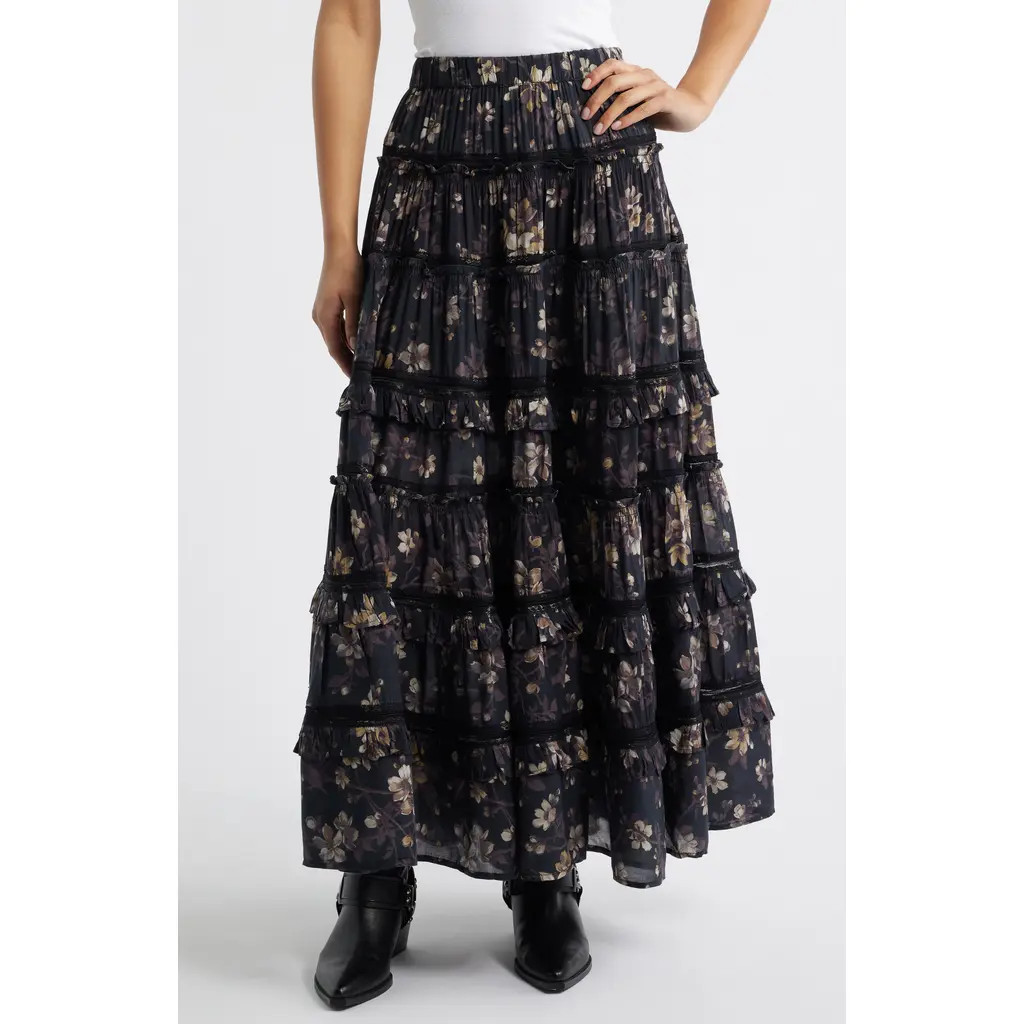 AllSaints Talia Floral Print Ruffle Lace Maxi Skirt in Vine Black at Nordstrom, Size 2 Us | Nordstrom