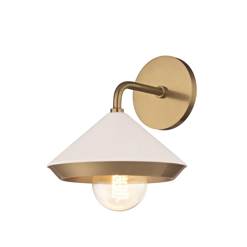 Marnie 1-Light Aged Brass Wall Sconce with White Shade | The Home Depot