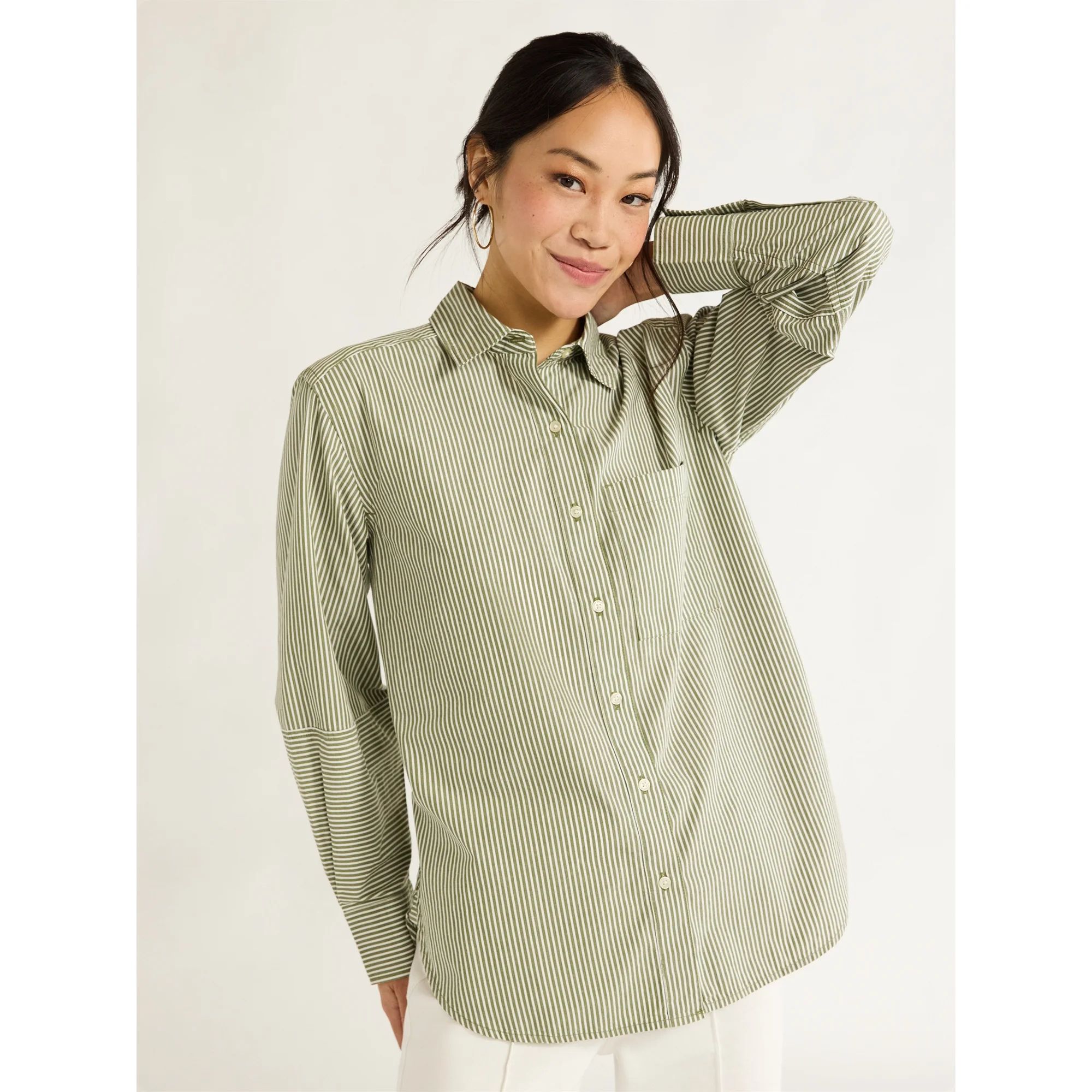 Free Assembly Women’s Button Front Boxy Cotton Tunic Shirt with Long Sleeves, Sizes XS-XXL | Walmart (US)