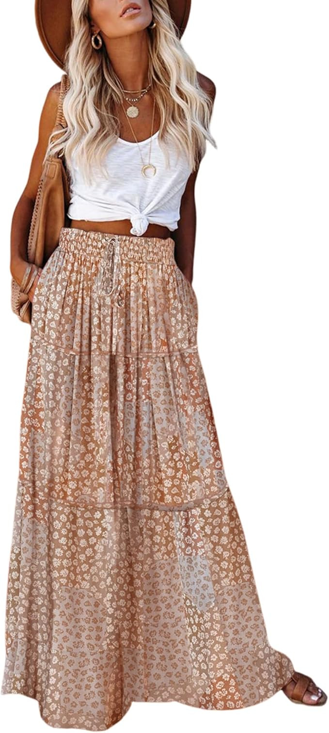 EARKOHA Womens Casual High Waist Tie Paisley Print Long Maxi Skirt with Pockets | Amazon (US)