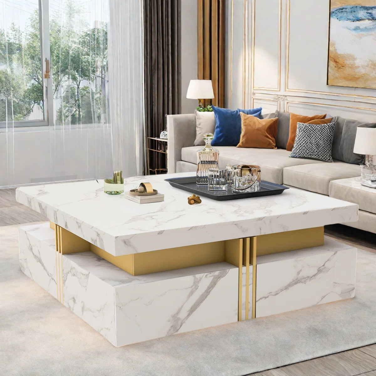 Everly Quinn Modern Square Storage Coffee Table with 4 Drawers Contemporary Storage Table Cocktai... | Wayfair North America