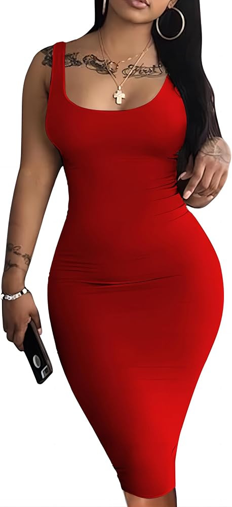 Nimsruc Women Casual Sexy Tank Top Bodycon Dress Summer Pencil Sleeveless Basic Midi Club Dresses | Amazon (US)