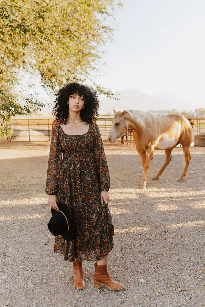 The Rosenbaum Smocked Floral Midi Dress in Charcoal | Piper & Scoot