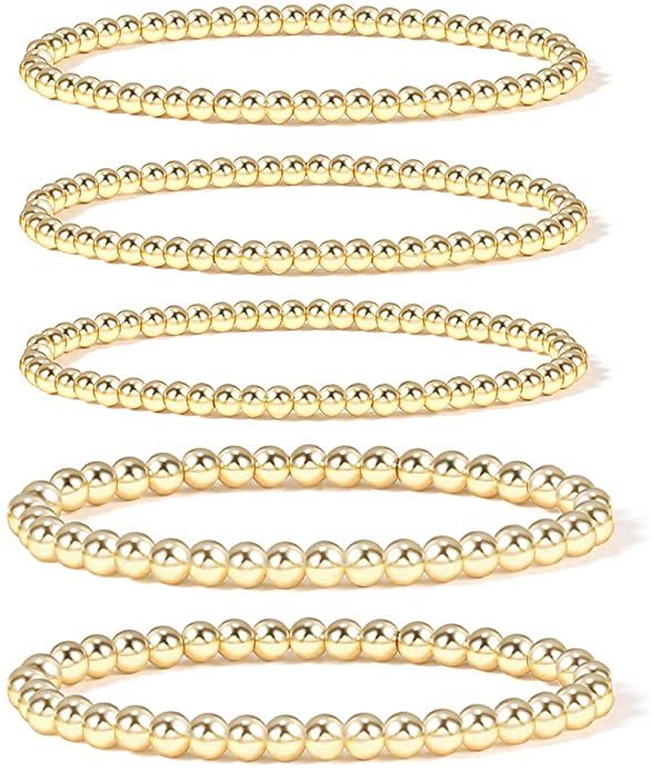 Gold Bead Bracelet for Women,14K Gold Plated Bead Ball Bracelet Stretchable Elastic Bracelet | Amazon (US)