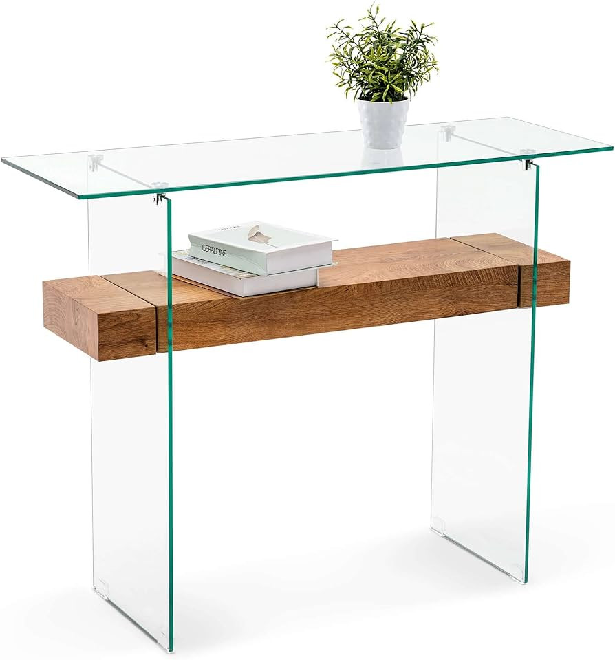 ivinta Narrow Glass Console Table with Storage Modern Sofa Table Entryway Table Glass Writing Des... | Amazon (US)