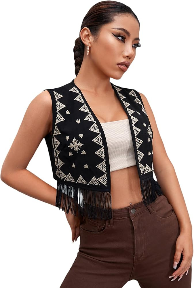 GORGLITTER Women's Geo Embroidery Fringe Crop Vest Tassel Sleeveless Open Front Jacket | Amazon (US)
