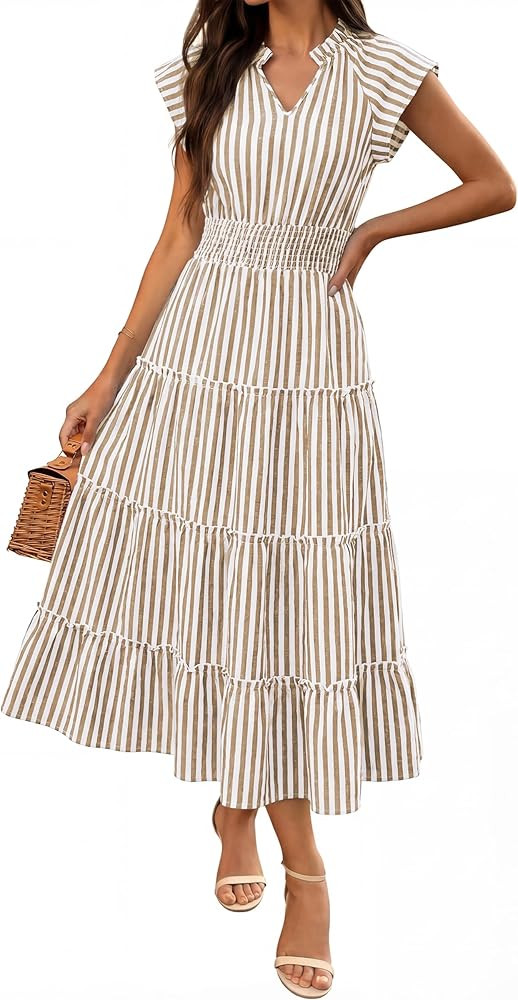 Caracilia Womens Summer Maxi Dresses Casual V Neck Cap Sleeve Gingham Striped Dress Flowy Tiered ... | Amazon (US)