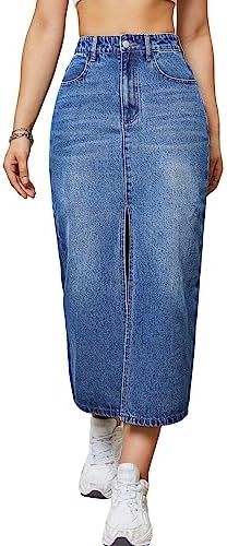 WDIRARA Women's High Waist Button Split Thigh Casual Denim Skirt with Pockets | Amazon (US)